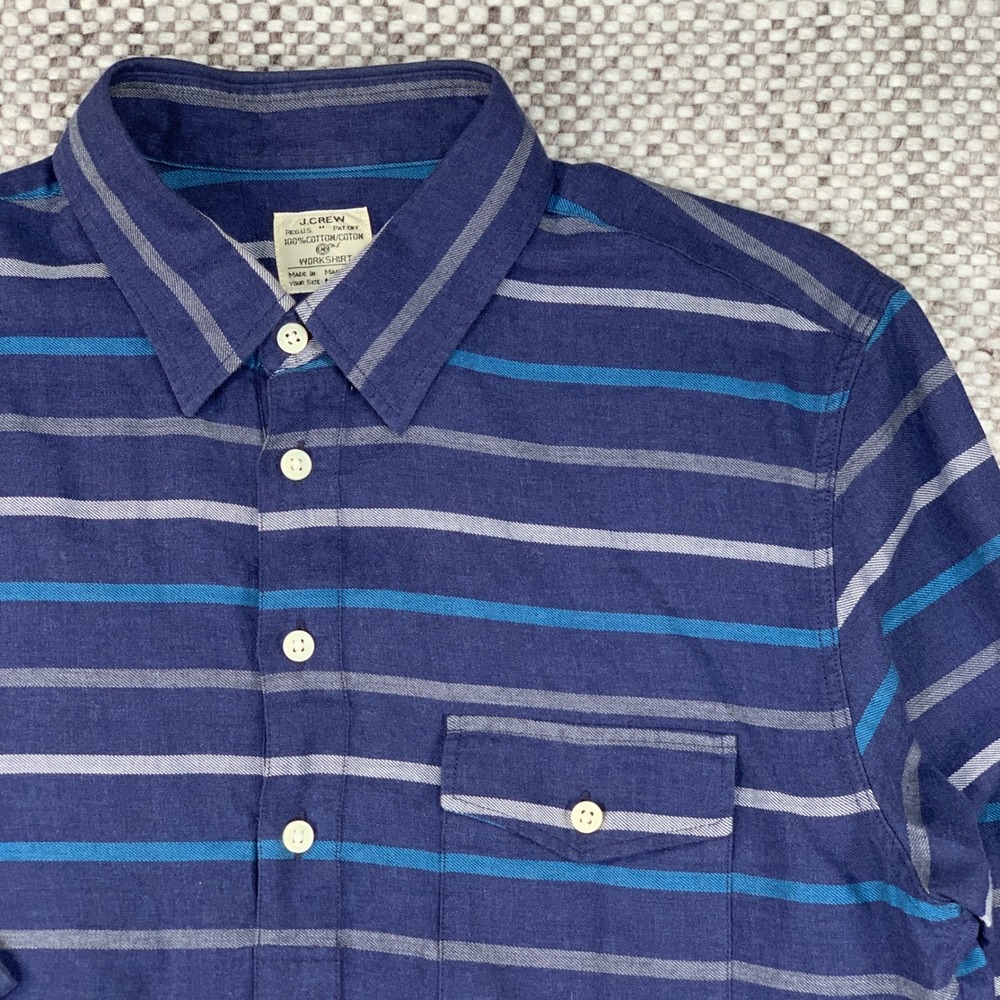 J.Crew Workshirt Mens Medium Blue Striped Cotton Long Sleeve Popover Pocket